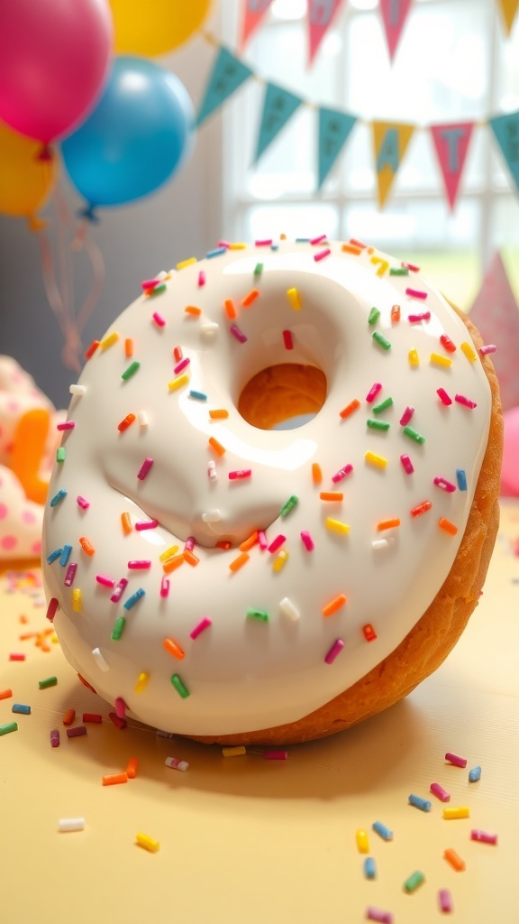 Number 9 Donut Cake Recipe A number 9 donut cake with white glaze and sprinkles on a festive table.